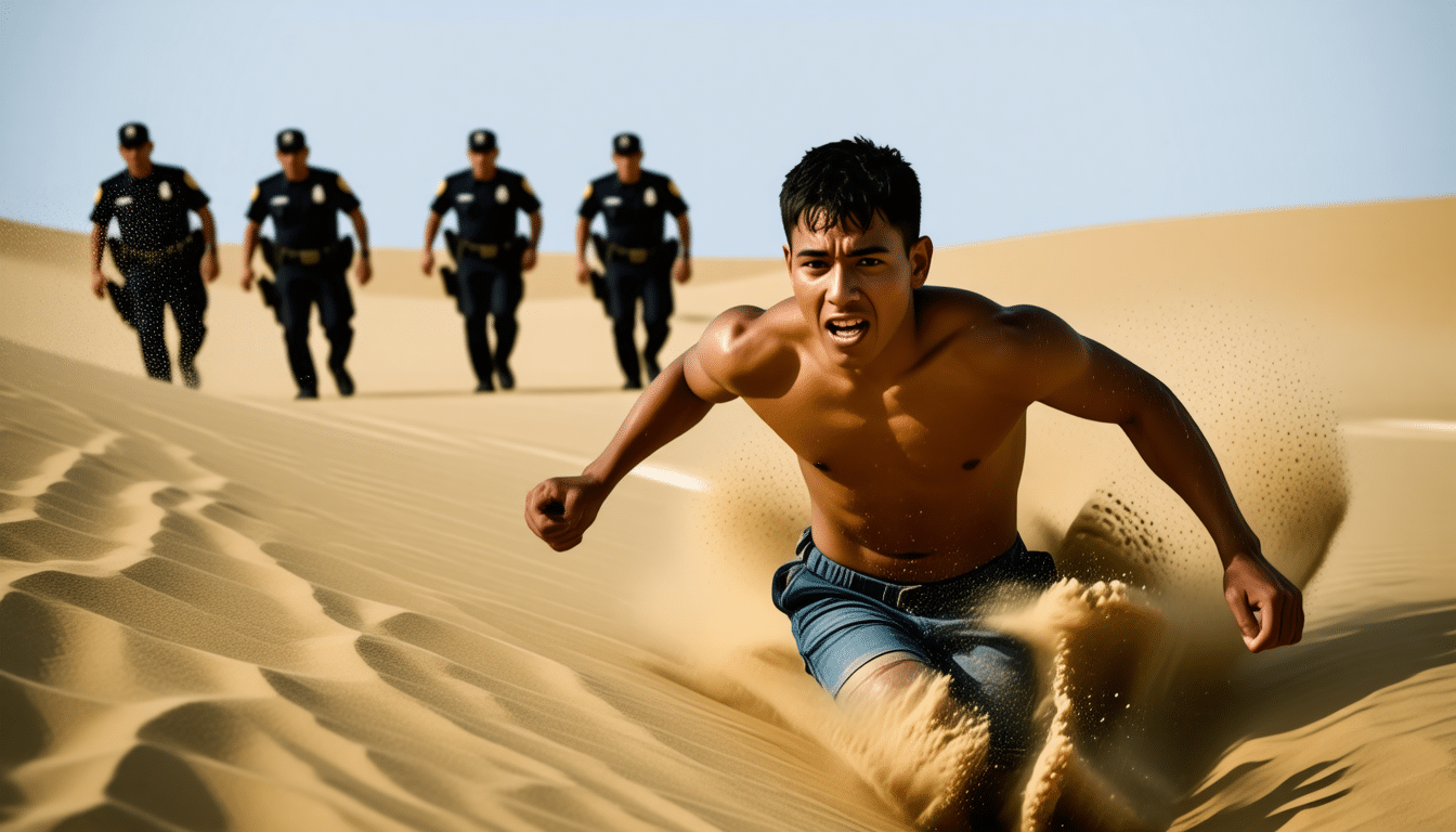 découvrez l'incroyable histoire d'un homme en fuite qui se retrouve piégé dans un monticule de sable, confronté à la police. une aventure captivante où tension et enjeux se mêlent dans un décor inattendu.