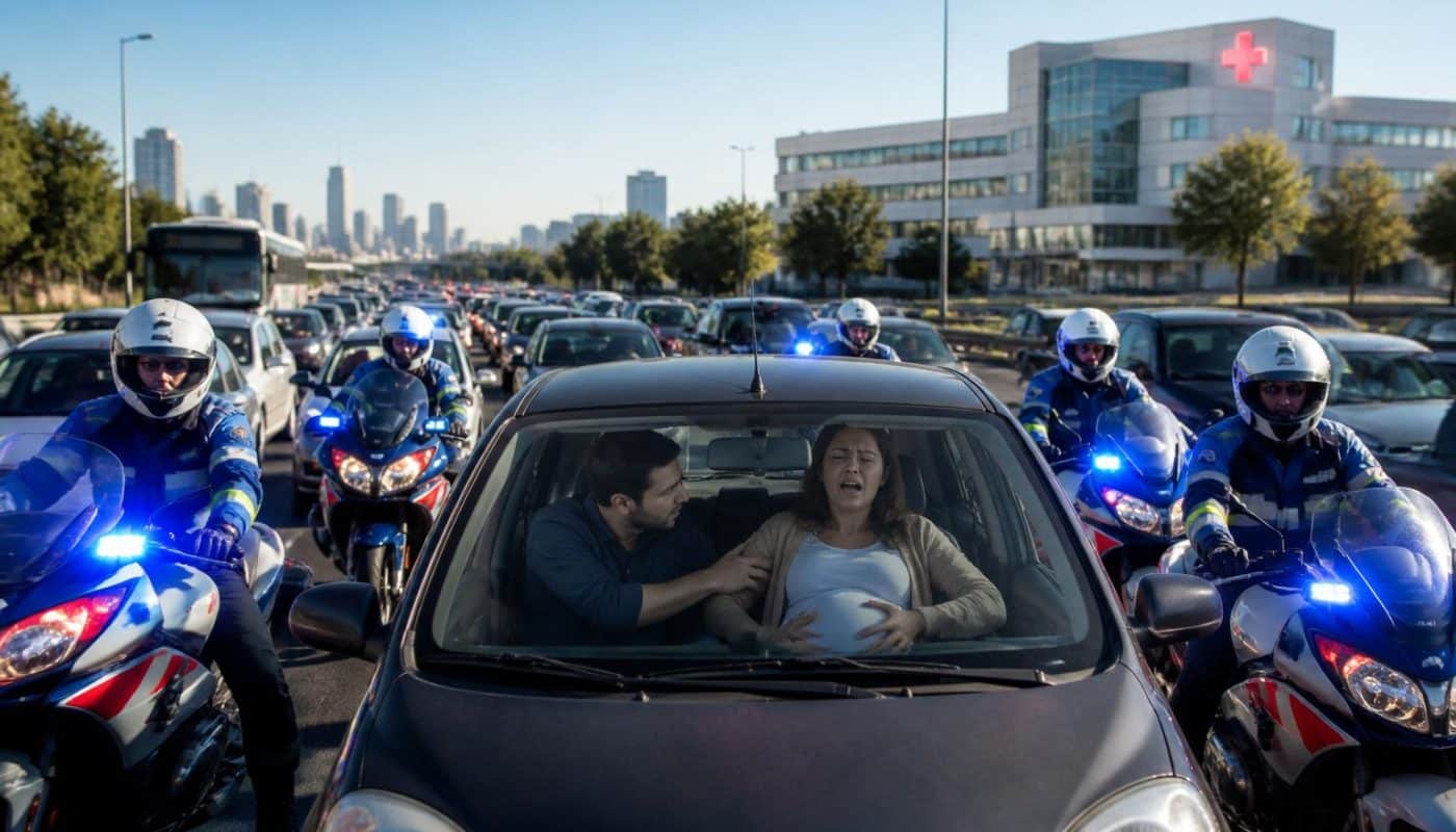 lors d'un accouchement imminent bloqué dans un embouteillage, des motards de la police nationale interviennent en urgence pour conduire un couple à l’hôpital, assurant une arrivée rapide et sécurisée.