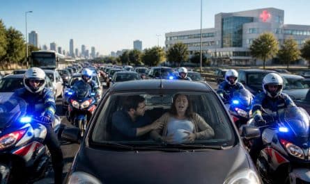 lors d'un accouchement imminent bloqué dans un embouteillage, des motards de la police nationale interviennent en urgence pour conduire un couple à l’hôpital, assurant une arrivée rapide et sécurisée.