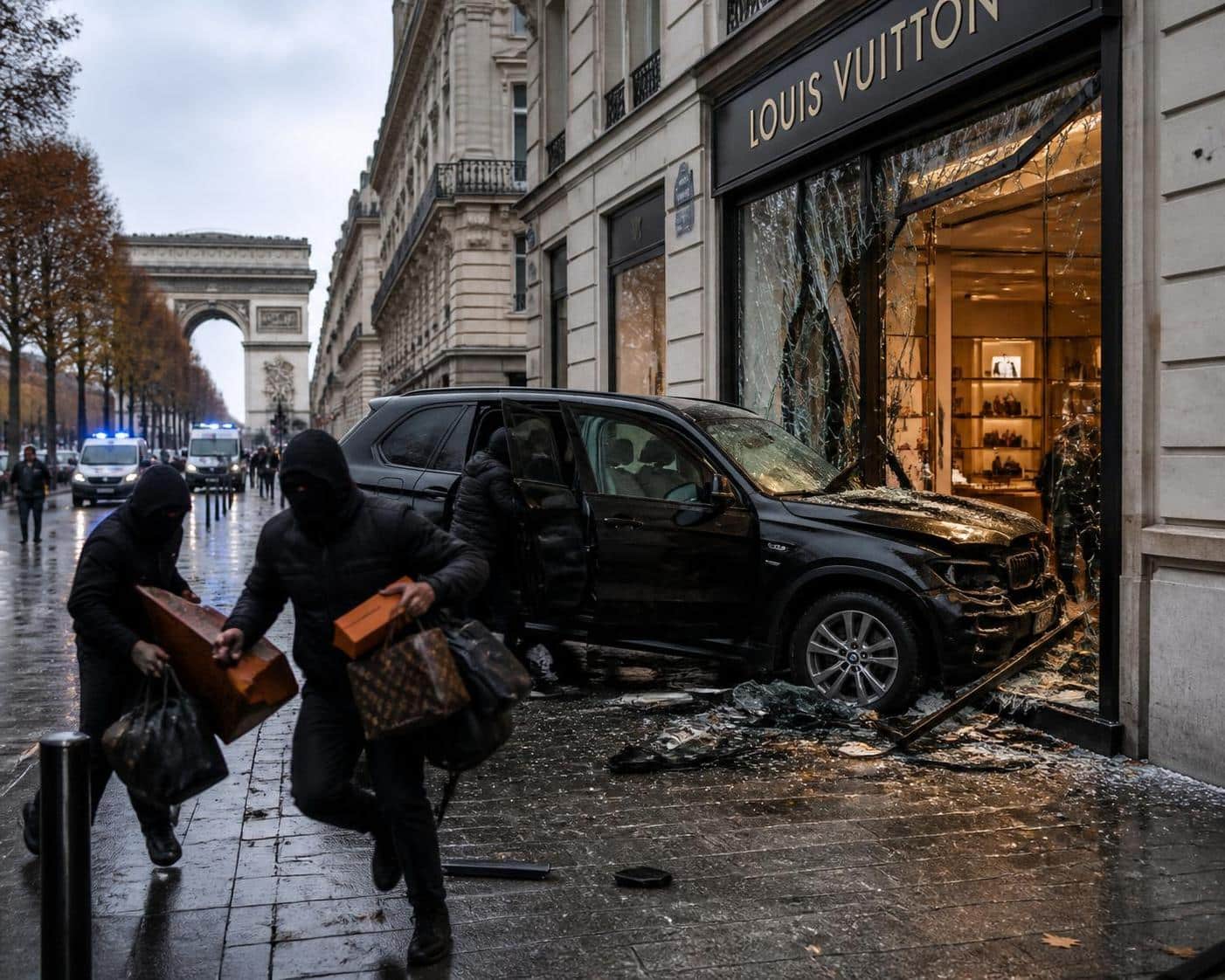 un braquage spectaculaire sur les champs-&eacute;lys&eacute;es : une voiture-b&eacute;lier d&eacute;fonce une vitrine et d&eacute;robe plus de 200 000 &euro; en quelques minutes lors d'une casse &eacute;clair.
