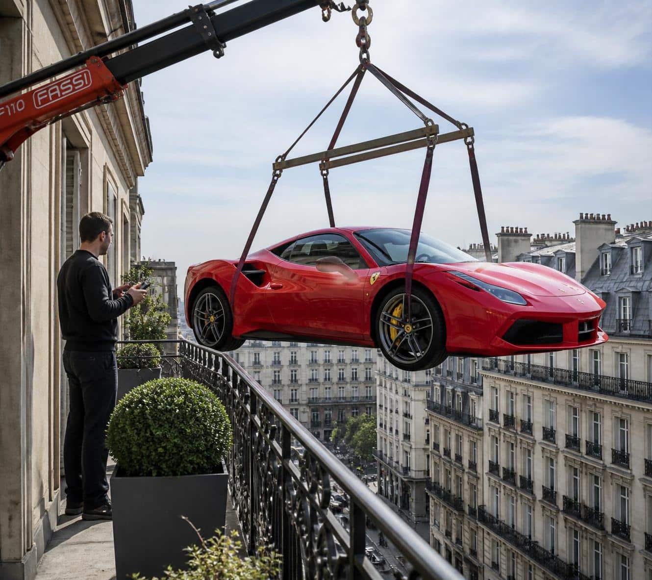 d&eacute;couvrez comment, faute de place, il soul&egrave;ve sa ferrari &agrave; 300 000 &euro; sur son balcon avec une grue dans cette vid&eacute;o &eacute;tonnante. une astuce incroyable &agrave; ne pas manquer !