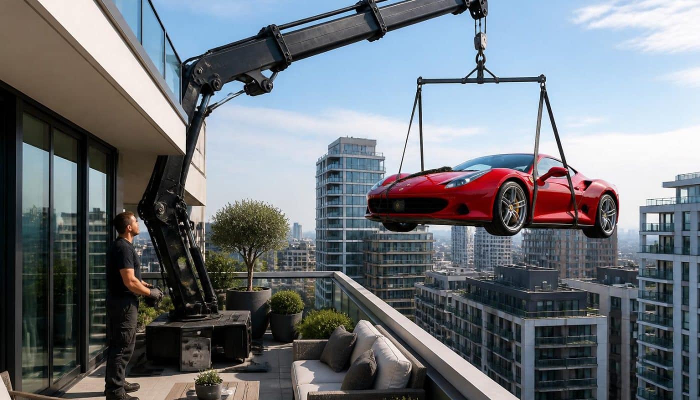 découvrez comment, par manque de place, il soulève sa ferrari à 300 000 € sur son balcon grâce à une grue. une astuce incroyable et une suite étonnante à ne pas manquer (vidéo incluse).