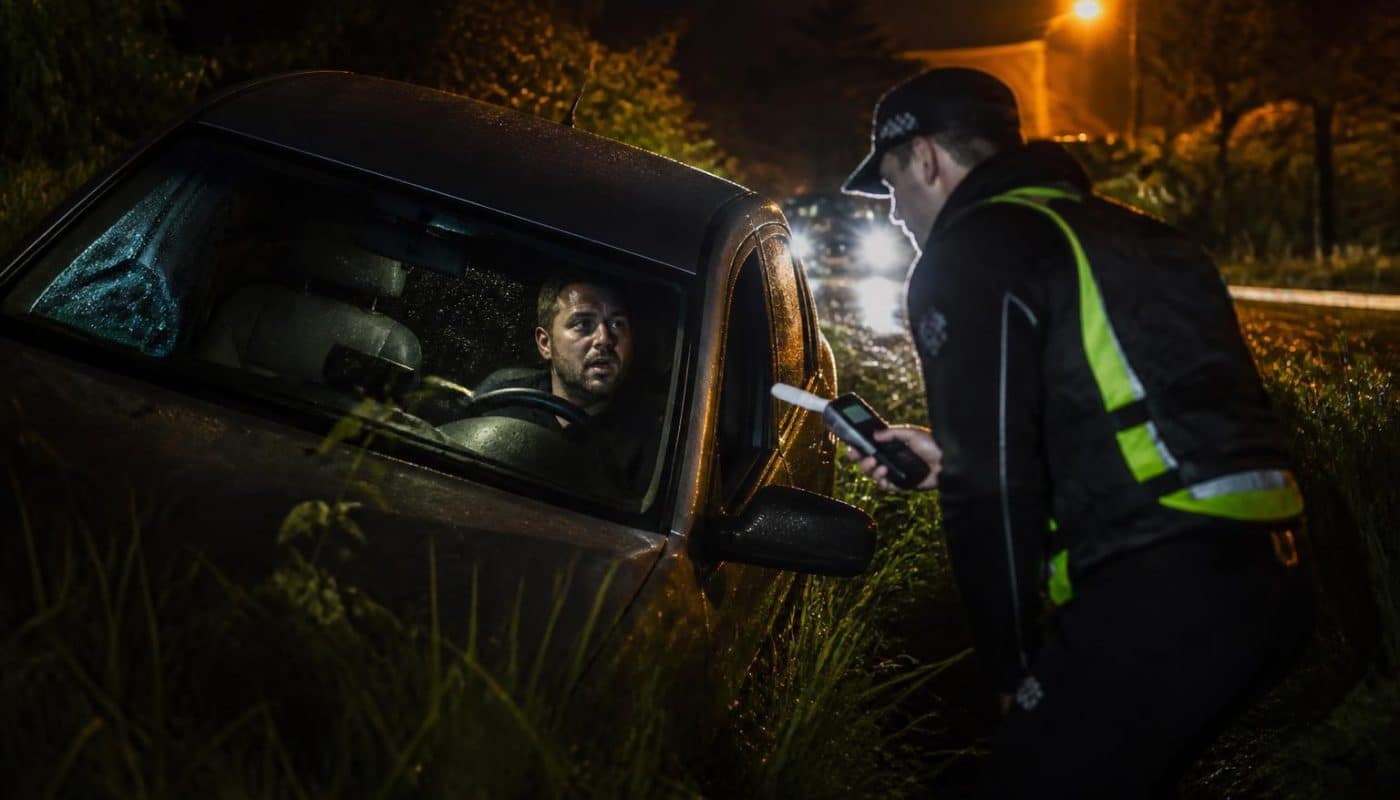 lors d'une nuit dangereuse, un conducteur perd le contrôle sur une route humide et finit sa course dans un fossé. l'alcootest révèle la vérité sur les causes de cet accident.