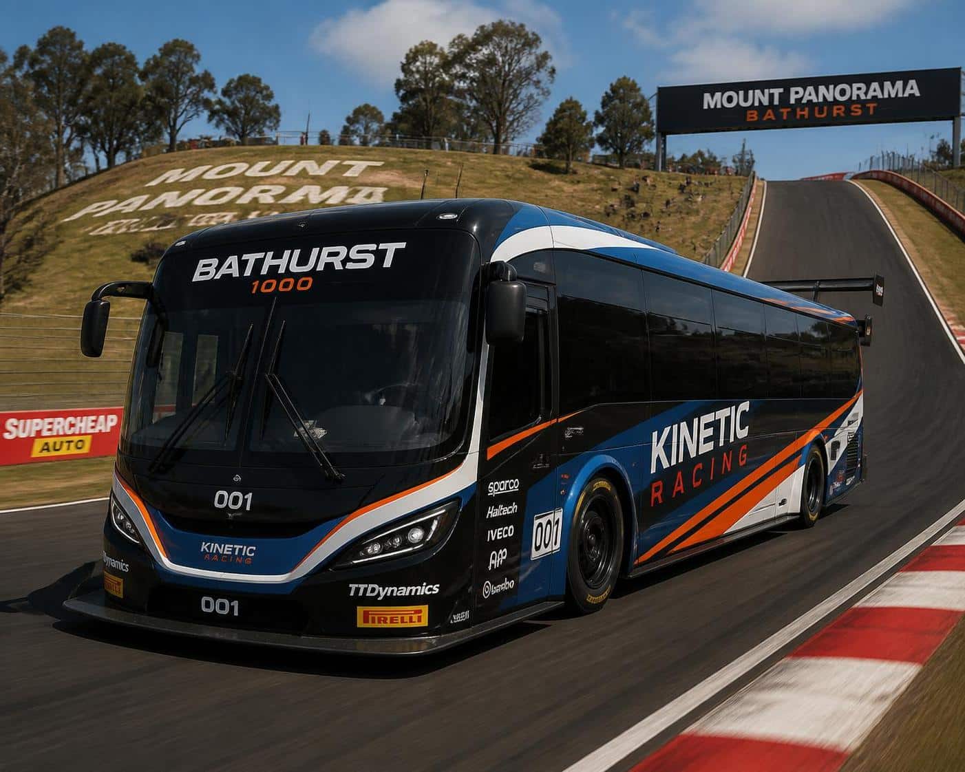 d&eacute;couvrez un bus de course impressionnant qui s'&eacute;lance avec puissance sur les virages mythiques du circuit de bathurst, alliant vitesse et adr&eacute;naline sur une piste l&eacute;gendaire.