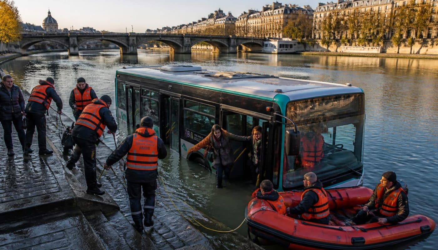un bus tombe dans la seine mais tous les passagers sont sauvés avec succès grâce à une intervention rapide et efficace des secours.