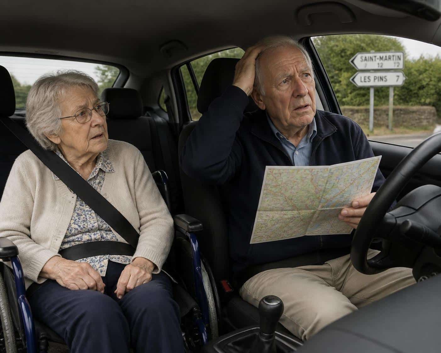 un conducteur souffrant de d&eacute;mence oublie o&ugrave; il a gar&eacute; sa voiture, avec sa femme en fauteuil roulant &agrave; bord, illustrant les d&eacute;fis li&eacute;s &agrave; cette maladie.