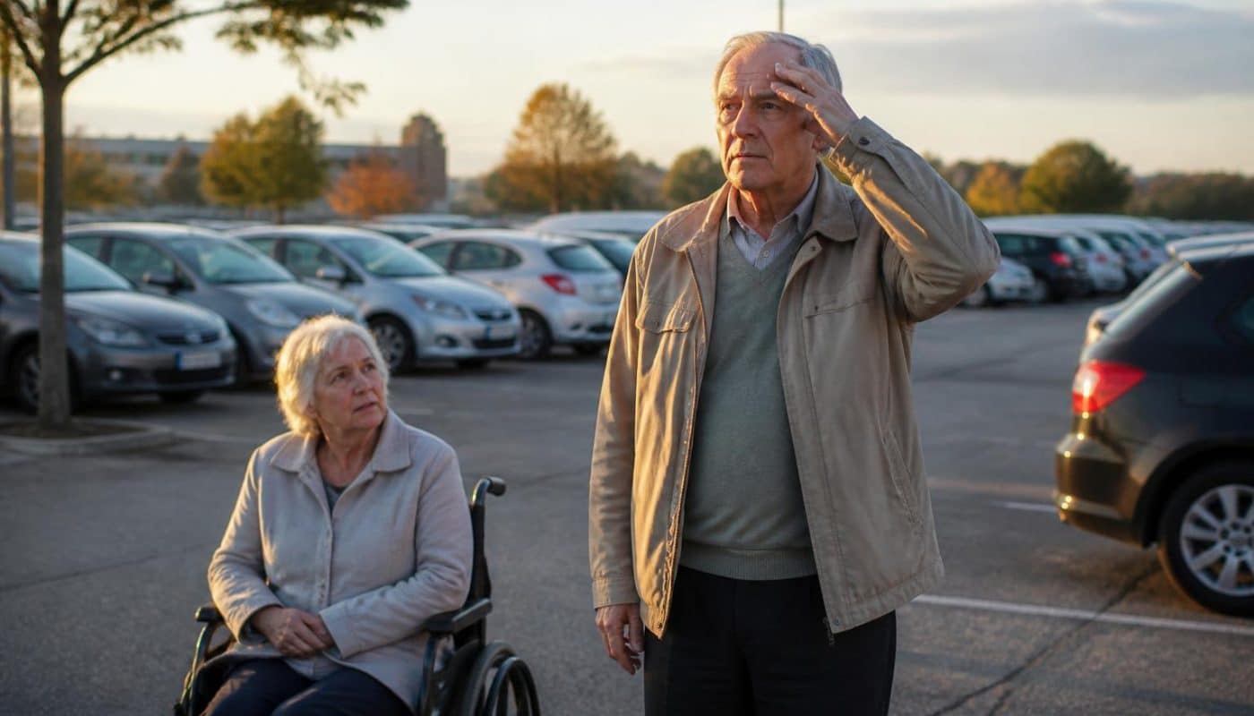 un conducteur souffrant de démence oublie où il a garé sa voiture, avec sa femme en fauteuil roulant à l'intérieur, mettant en lumière les défis liés à cette maladie.