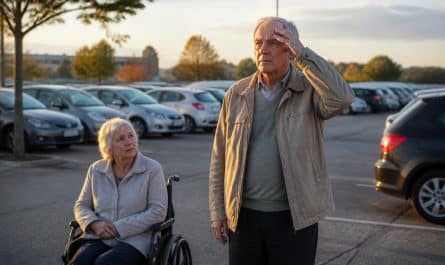 un conducteur souffrant de démence oublie où il a garé sa voiture, avec sa femme en fauteuil roulant à l'intérieur, mettant en lumière les défis liés à cette maladie.