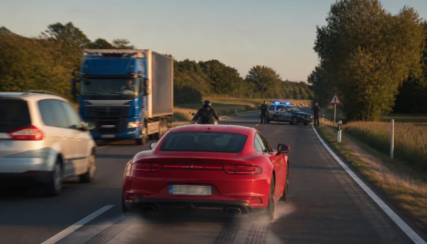 un chauffard récidiviste roule à 219 km/h sur une route limitée à 110 km/h, double plusieurs véhicules et freine trop tard en apercevant les gendarmes, mettant en danger la sécurité routière.