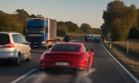 un chauffard récidiviste roule à 219 km/h sur une route limitée à 110 km/h, double plusieurs véhicules et freine trop tard en apercevant les gendarmes, mettant en danger la sécurité routière.