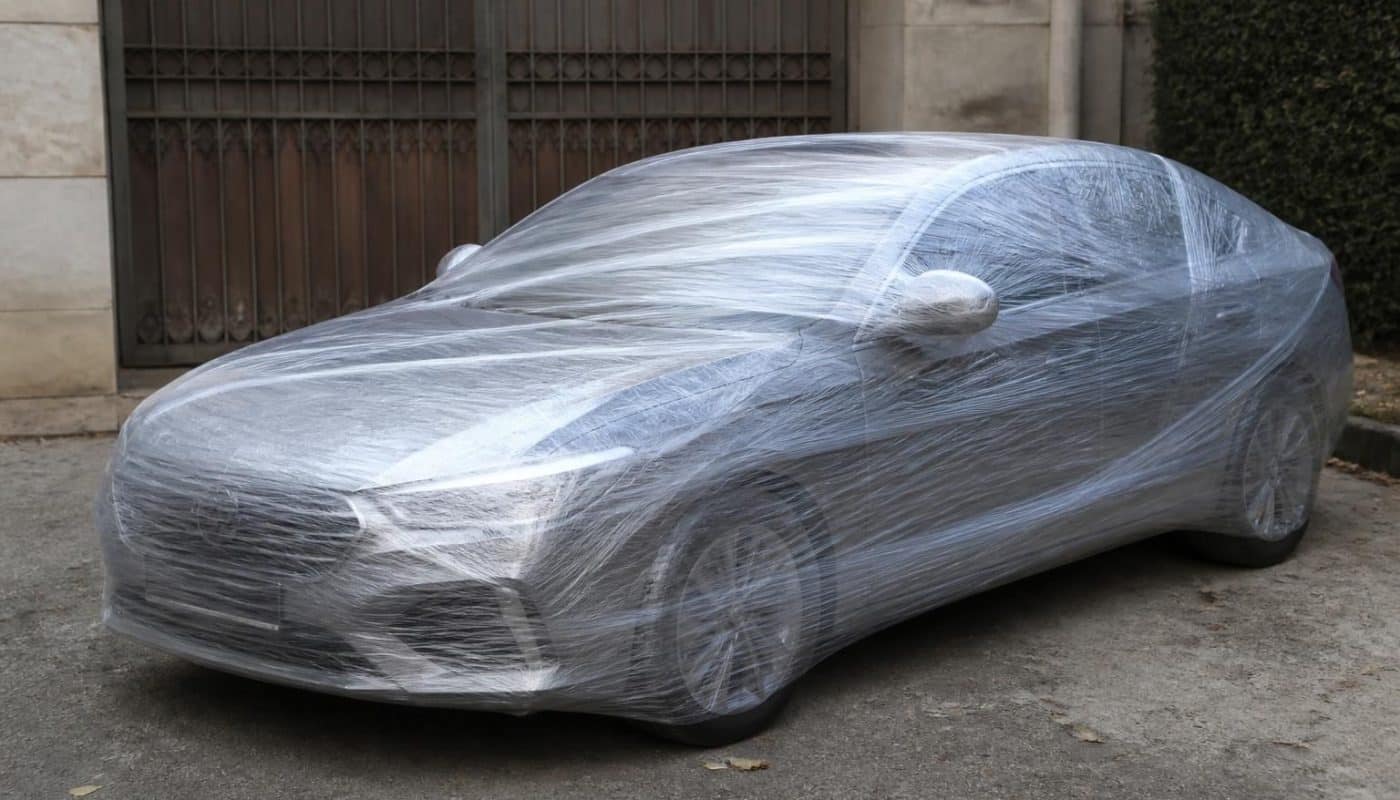 découvrez l'histoire incroyable d'une voiture garée devant une porte et retrouvée complètement enroulée de film plastique, une surprise étonnante qui ne passe pas inaperçue !