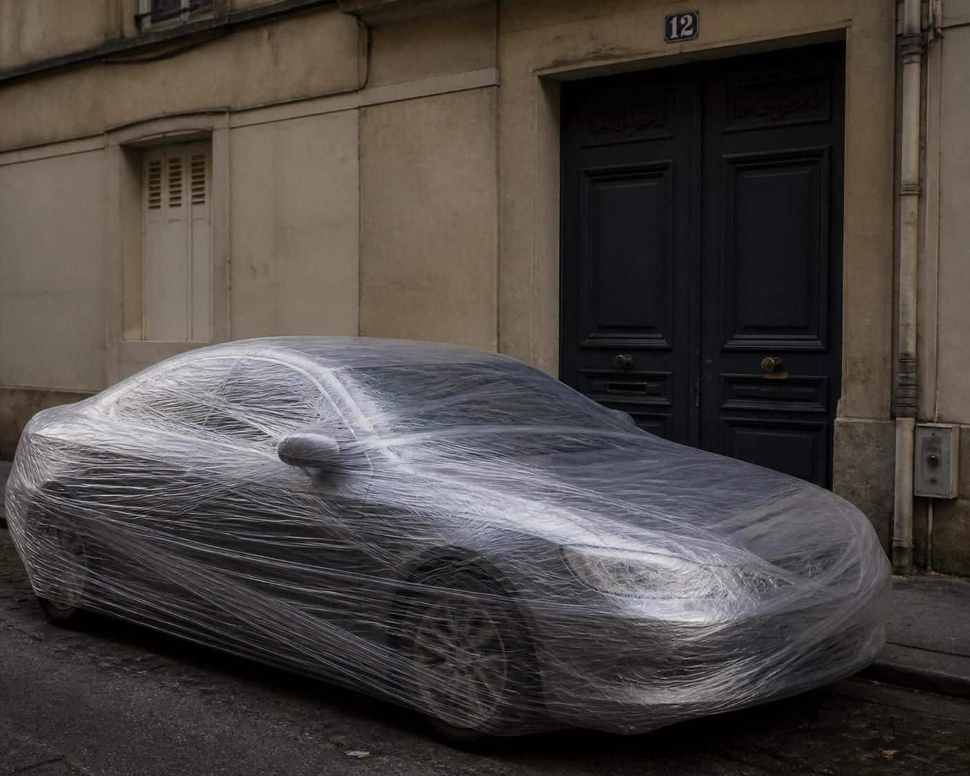 découvrez l'histoire surprenante d'une voiture garée devant une porte et retrouvée entièrement enroulée de film plastique, une mésaventure inattendue qui suscite la curiosité.