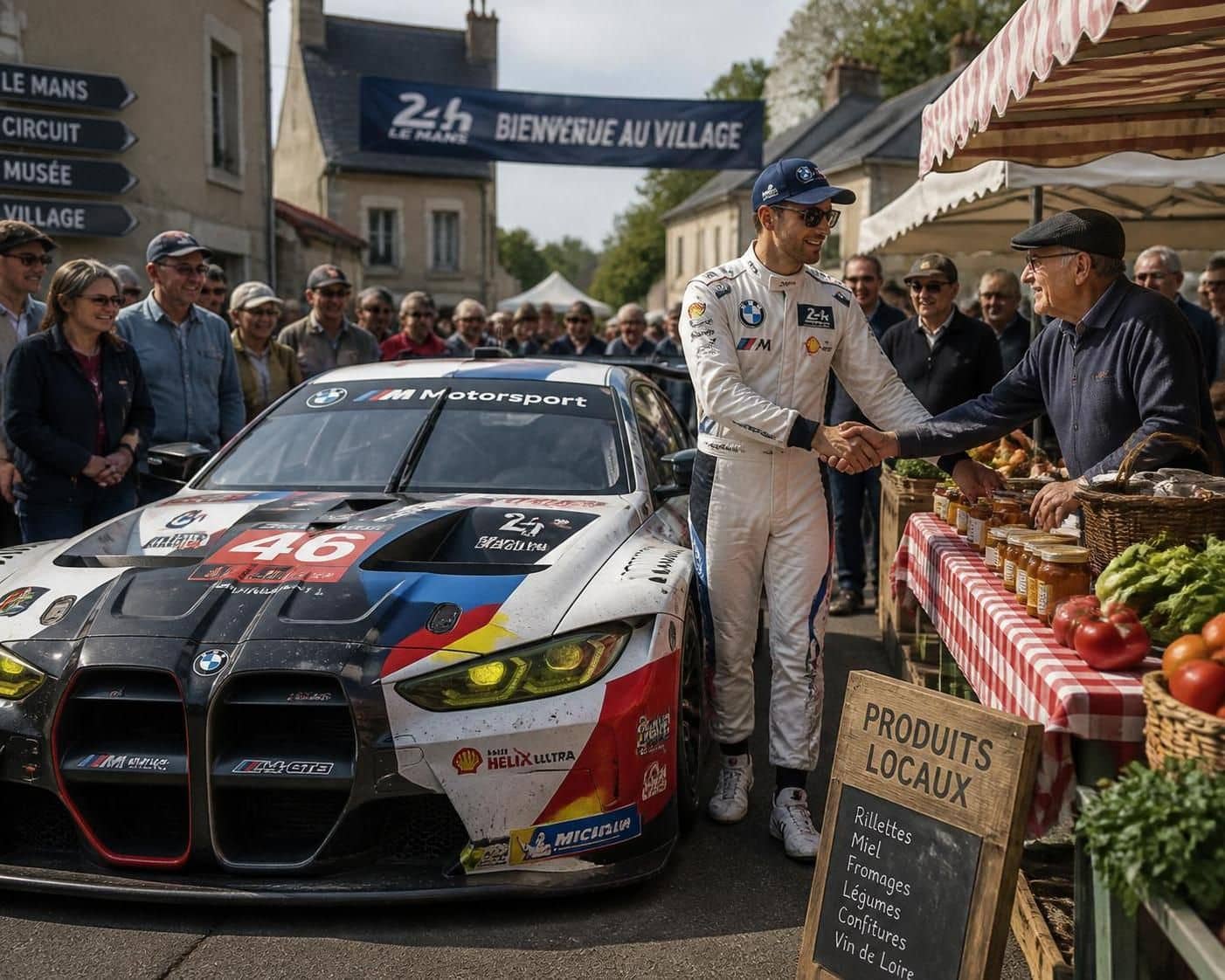 d&eacute;couvrez l'histoire fascinante d'un pilote des 24 heures du mans qui fait sensation au march&eacute; du village au volant de sa bmw m4 de course embl&eacute;matique.