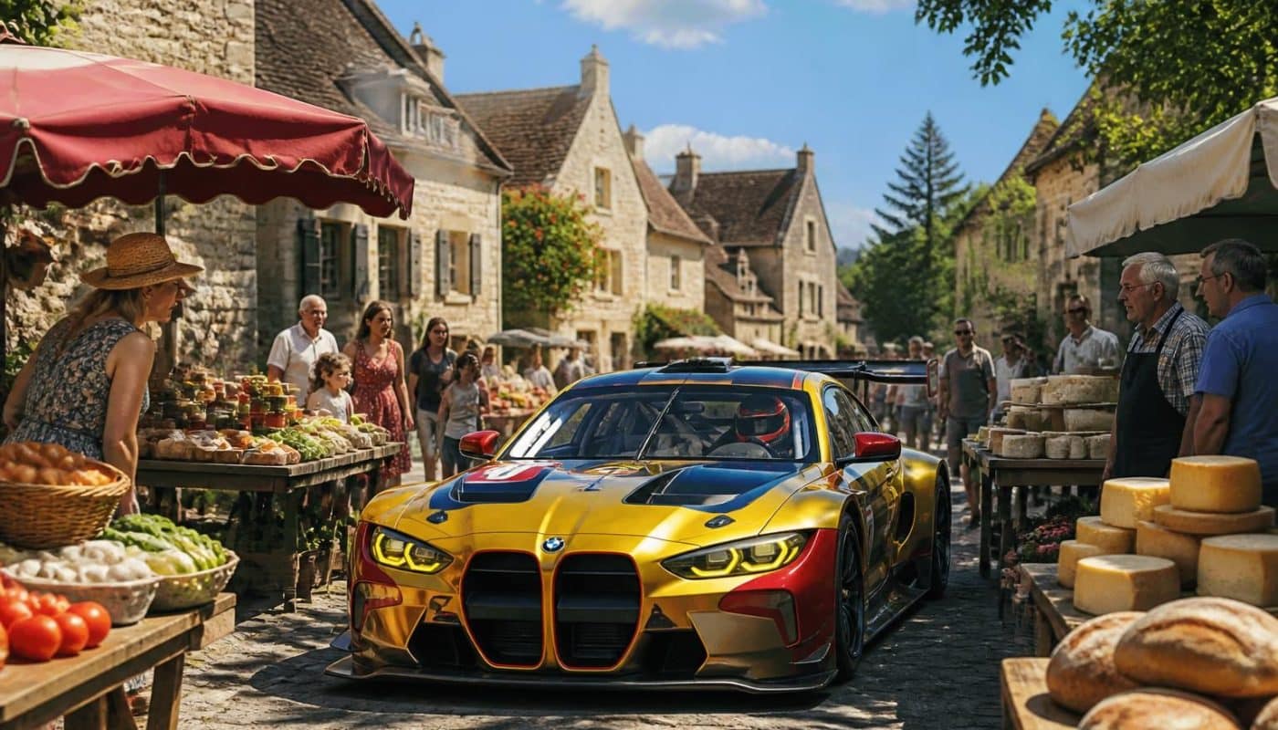 découvrez l'aventure unique d'un pilote des 24 heures du mans qui explore le marché du village au volant de sa puissante bmw m4 de course.