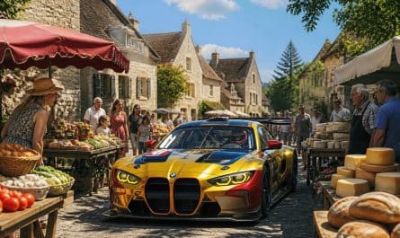 découvrez l'aventure unique d'un pilote des 24 heures du mans qui explore le marché du village au volant de sa puissante bmw m4 de course.