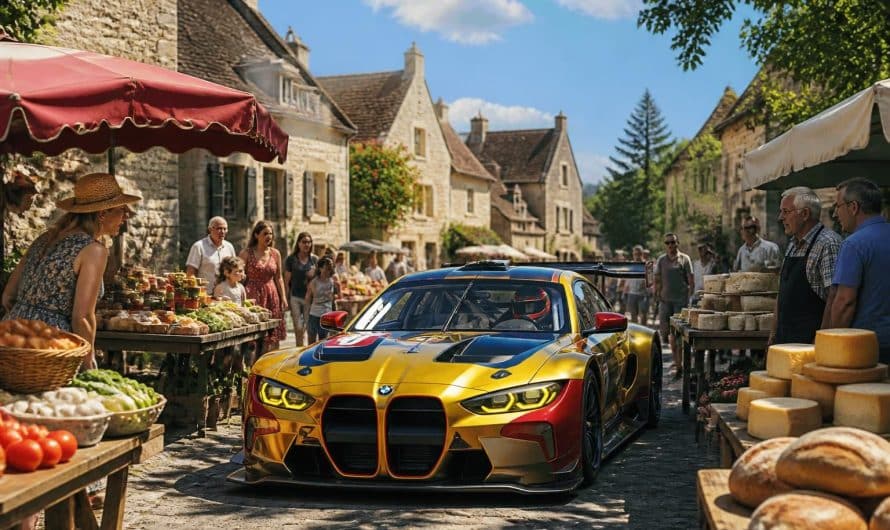 découvrez l'aventure unique d'un pilote des 24 heures du mans qui explore le marché du village au volant de sa puissante bmw m4 de course.
