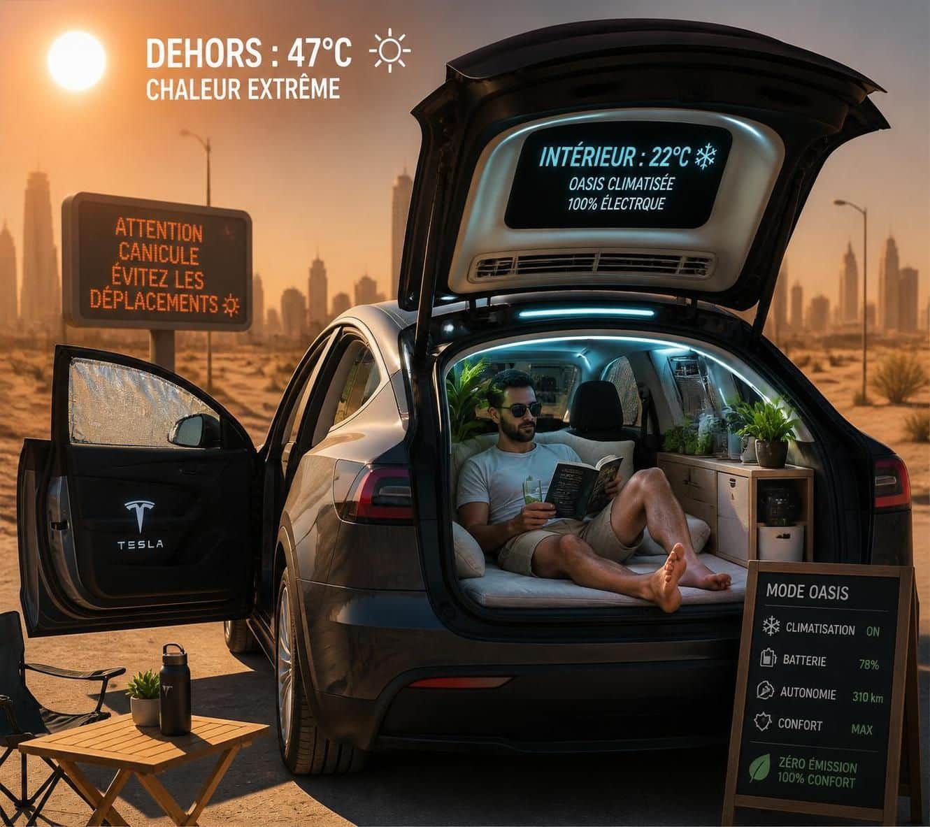 d&eacute;couvrez comment il transforme sa tesla en oasis climatis&eacute;e sous 43 &deg;c pour &eacute;chapper &agrave; la canicule et rester au frais.