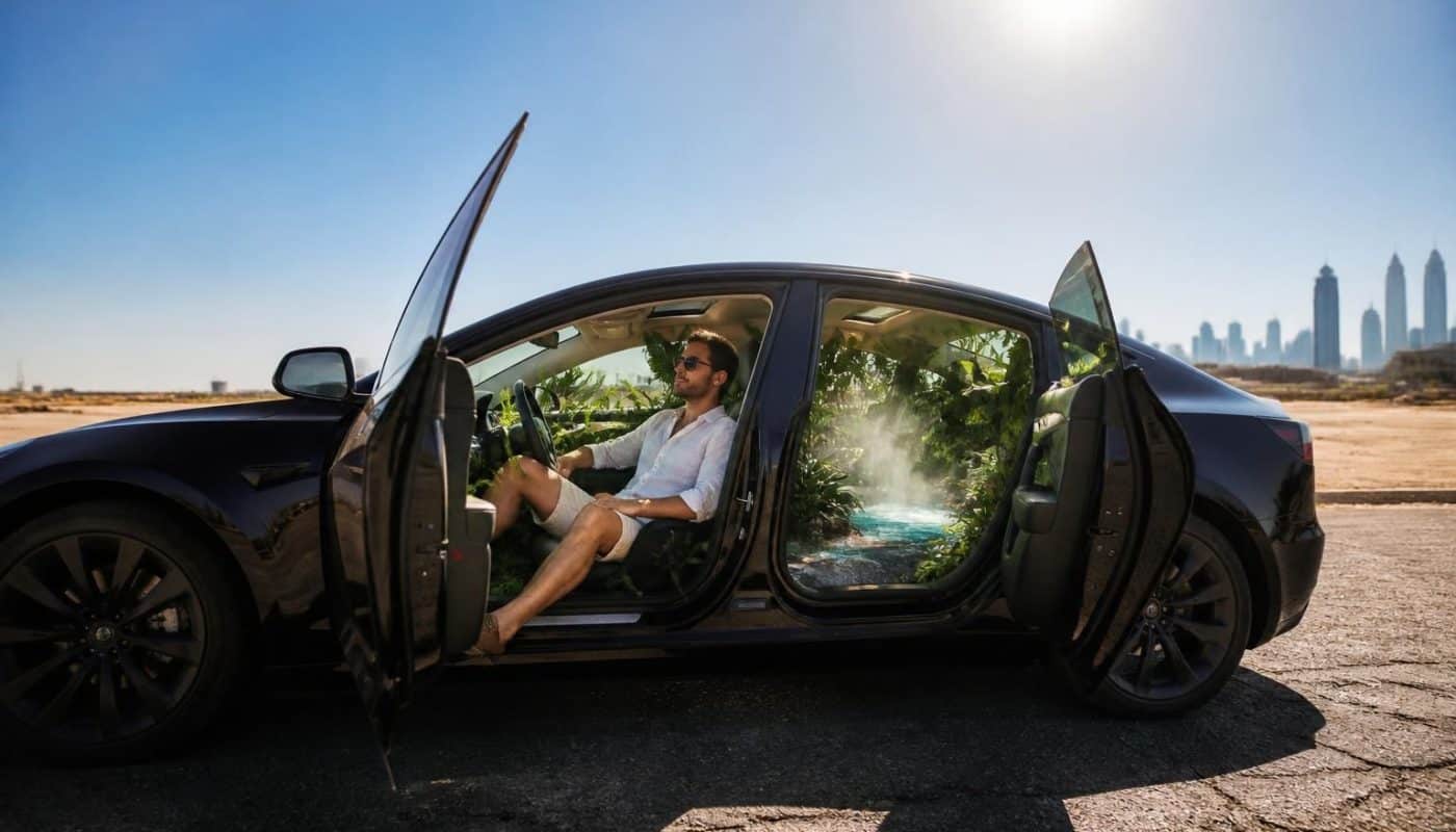 découvrez comment cet homme transforme sa tesla en une oasis climatisée sous une chaleur de 43 °c, une astuce ingénieuse pour échapper à la canicule.