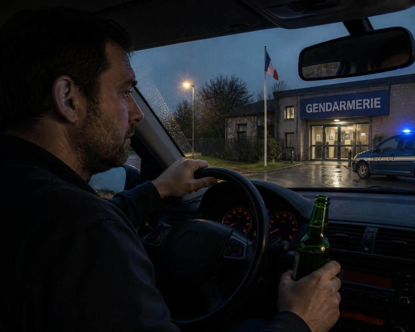 sous l'emprise de l'alcool, un homme se rend &agrave; la gendarmerie pour d&eacute;poser plainte, mais repart sans permis ni v&eacute;hicule, illustrant les cons&eacute;quences de la conduite en &eacute;tat d'ivresse.