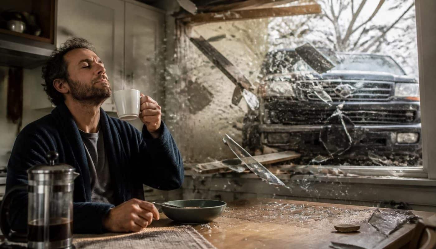 découvrez l'incroyable récit d'un homme dont la maison a été brutalement secouée par un violent impact de véhicule alors qu'il savourait tranquillement son café.