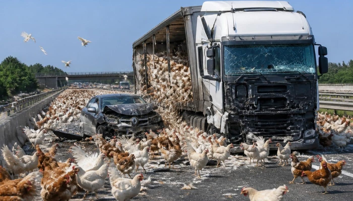une collision spectaculaire entre un véhicule et un poids-lourd sur l’autoroute provoque la fuite de 7000 poulets, semant un chaos inattendu et perturbant la circulation.
