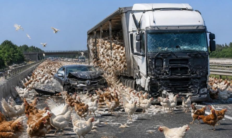 Collision entre un véhicule et un poids-lourd sur l’autoroute : 7000 poulets s’échappent dans un grand chaos