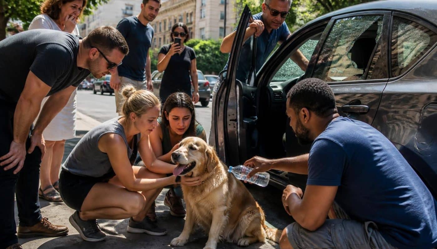 un golden retriever sauvagement enfermé dans une voiture étouffante est secouru grâce à l'intervention courageuse de passants héroïques.