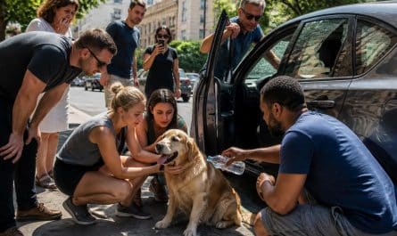 un golden retriever sauvagement enfermé dans une voiture étouffante est secouru grâce à l'intervention courageuse de passants héroïques.