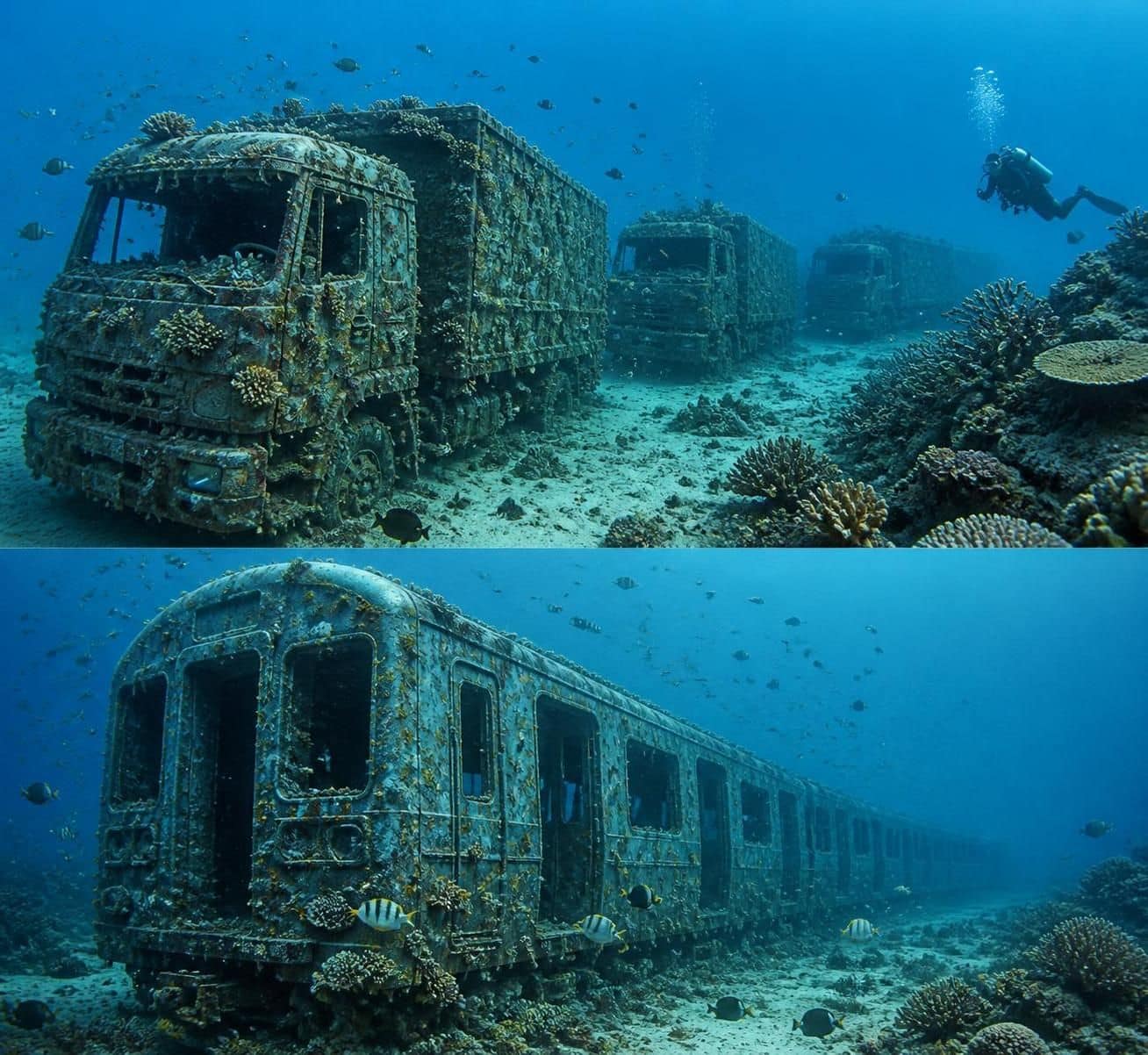 d&eacute;couvrez comment des camions et des wagons de m&eacute;tro immerg&eacute;s sont transform&eacute;s en r&eacute;cifs artificiels pour favoriser la biodiversit&eacute; marine et prot&eacute;ger les &eacute;cosyst&egrave;mes sous-marins.