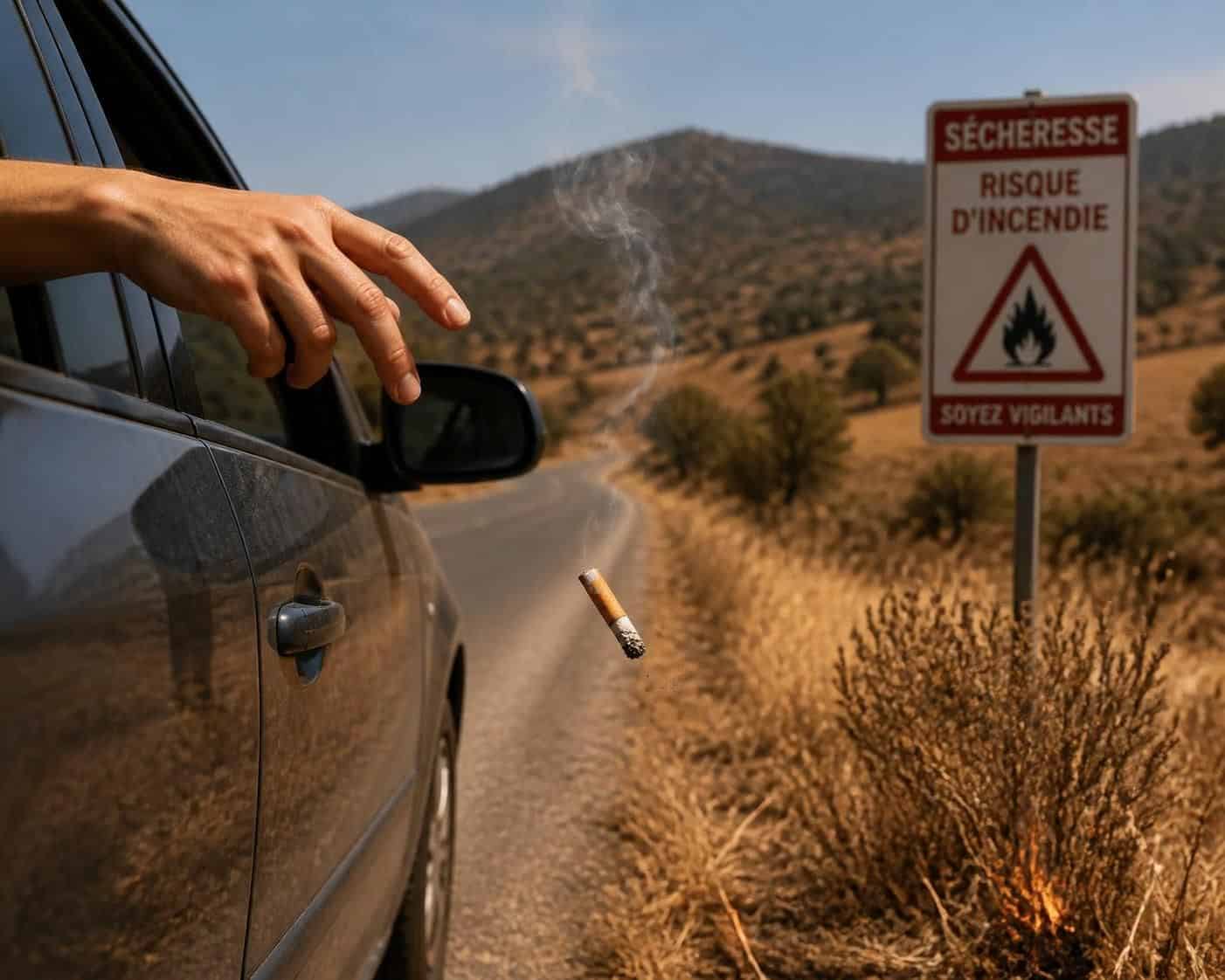 en pleine s&eacute;cheresse, un homme jette son m&eacute;got depuis sa voiture, observ&eacute; attentivement par les gendarmes pour pr&eacute;venir les risques d'incendie.