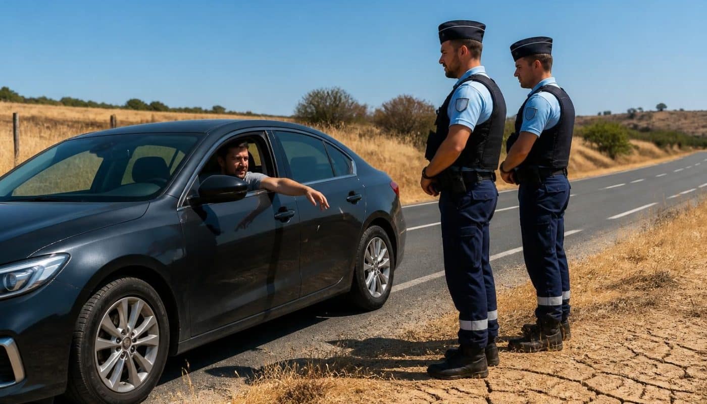 en pleine sécheresse, un homme jette son mégot depuis sa voiture, observé de près par les gendarmes prêts à intervenir.