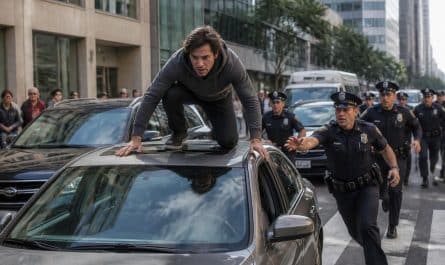 un homme escalade le toit d'une voiture en mouvement, provoquant l'intervention rapide de la police qui le maîtrise et l'appréhende sur place.