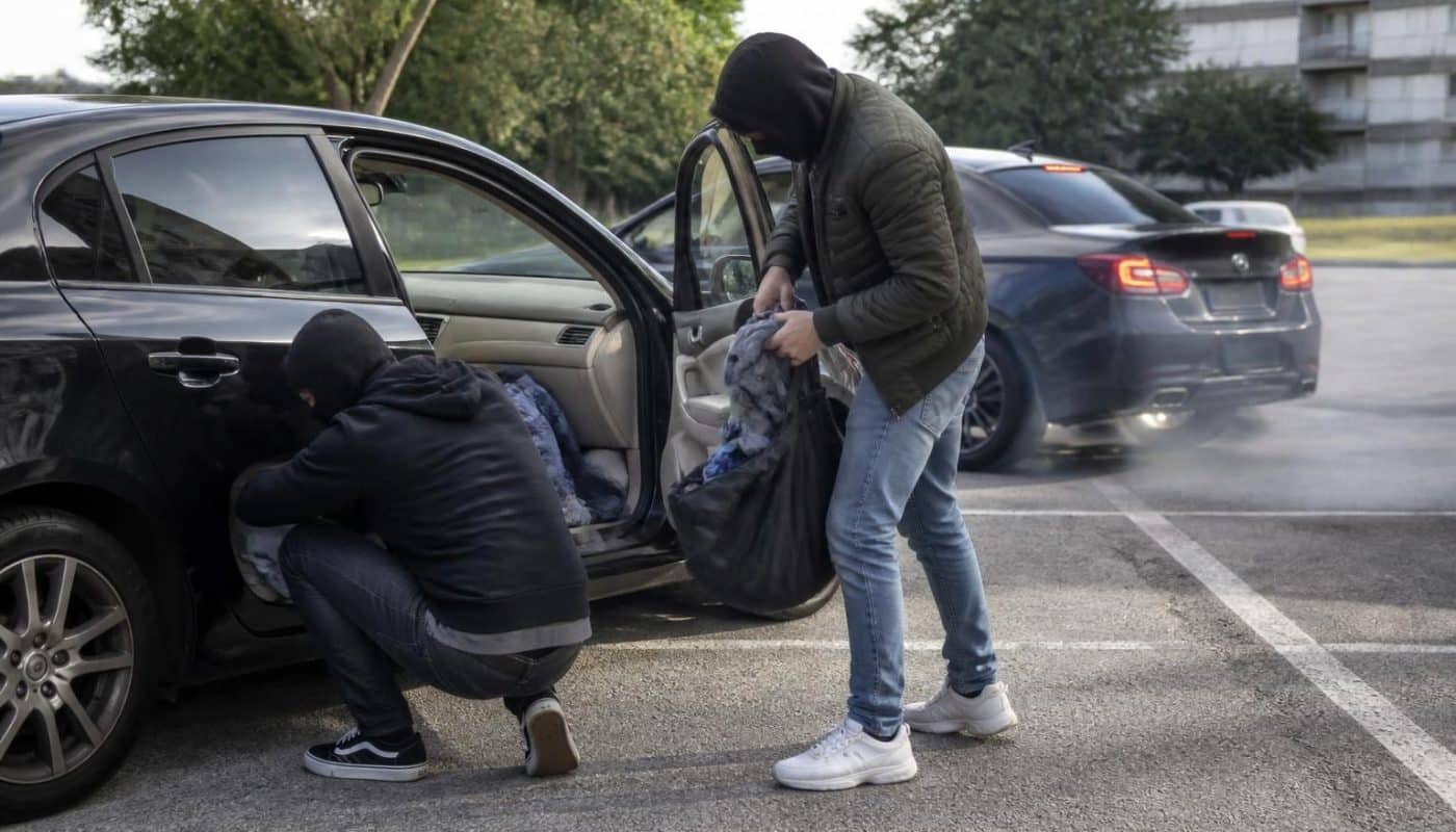 deux individus volent des vêtements dans une voiture avant de s'enfuir à bord du même véhicule, déclenchant une course-poursuite.
