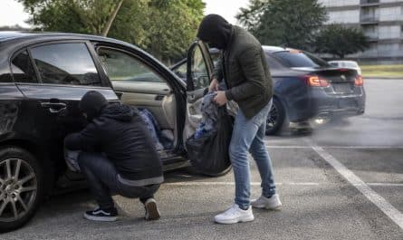 deux individus volent des vêtements dans une voiture avant de s'enfuir à bord du même véhicule, déclenchant une course-poursuite.
