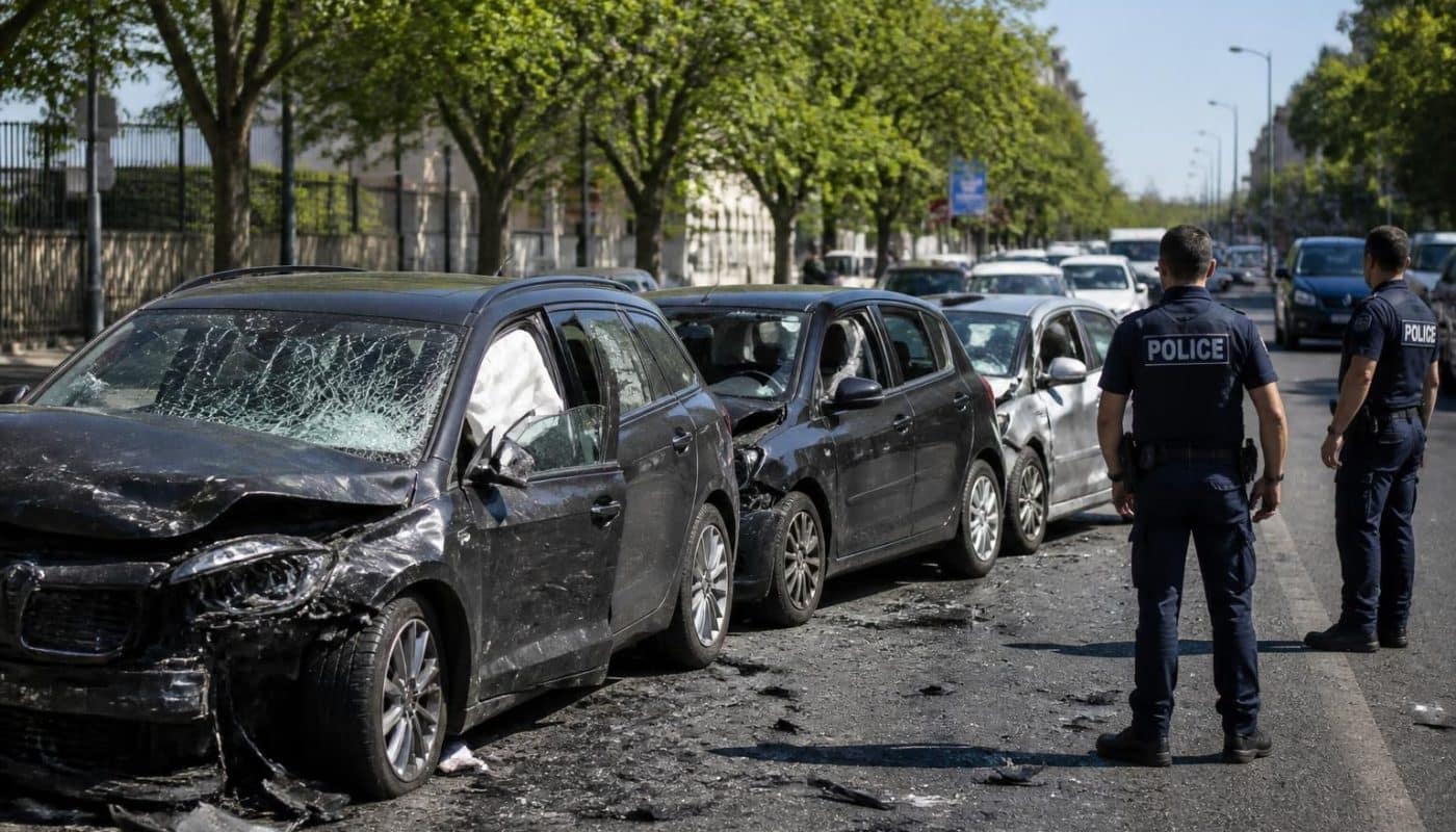 un conducteur alcoolisé à près de 2 g cause des dégâts en percutant trois voitures, tandis que des policiers en patrouille assistent impuissants à la scène.