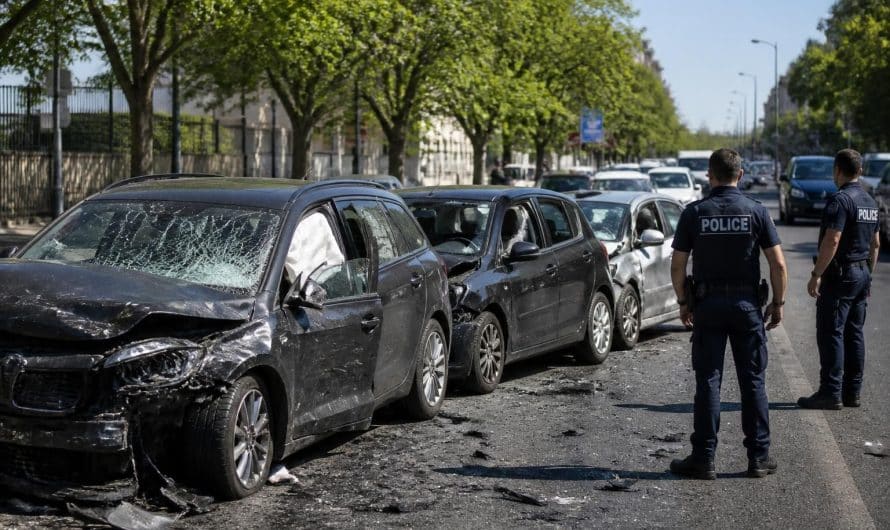 un conducteur alcoolisé à près de 2 g cause des dégâts en percutant trois voitures, tandis que des policiers en patrouille assistent impuissants à la scène.