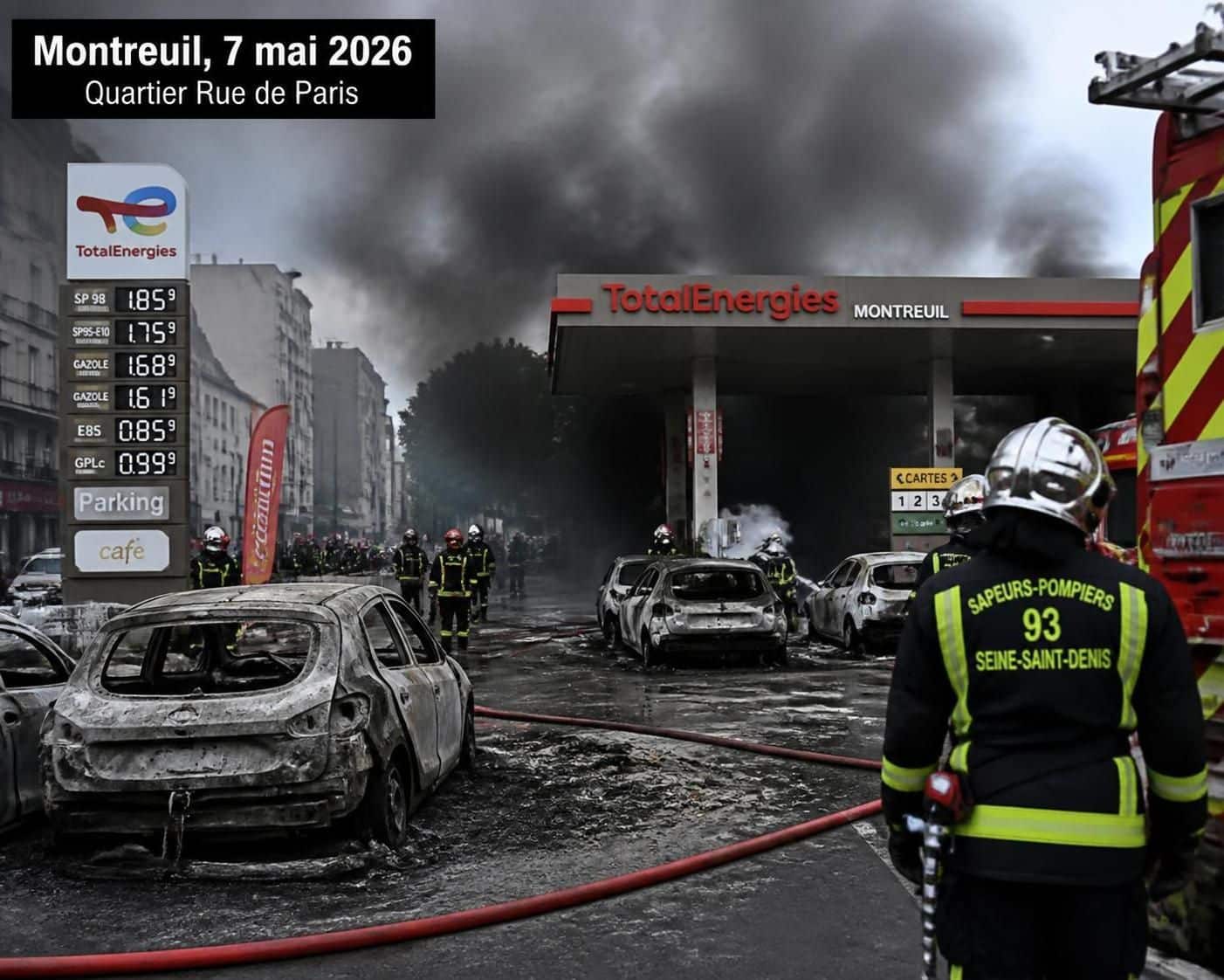 &agrave; montreuil, une voiture &eacute;lectrique en pleine charge a pris feu, causant d'importants d&eacute;g&acirc;ts dans une station-service. d&eacute;couvrez les circonstances de cet incident spectaculaire.