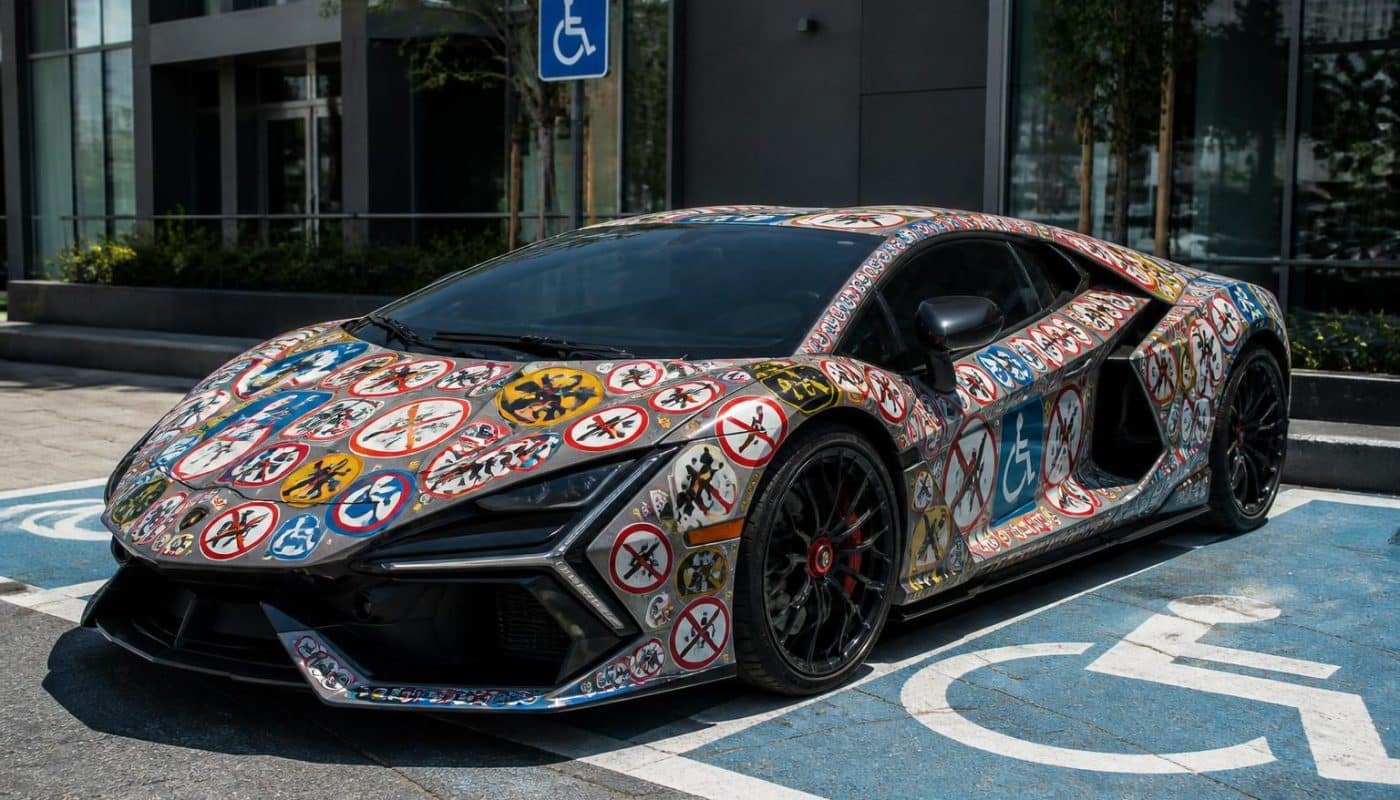 une lamborghini revuelto de 1 million de dollars, garée sur une place handicapée, suscite l'indignation en étant recouverte d'autocollants réprobateurs.