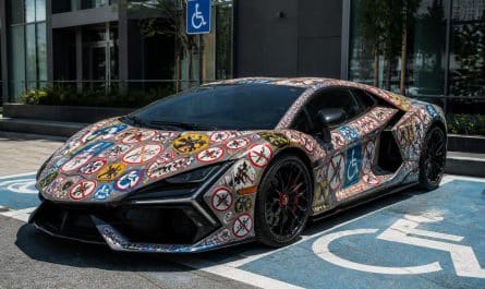une lamborghini revuelto de 1 million de dollars, garée sur une place handicapée, suscite l'indignation en étant recouverte d'autocollants réprobateurs.