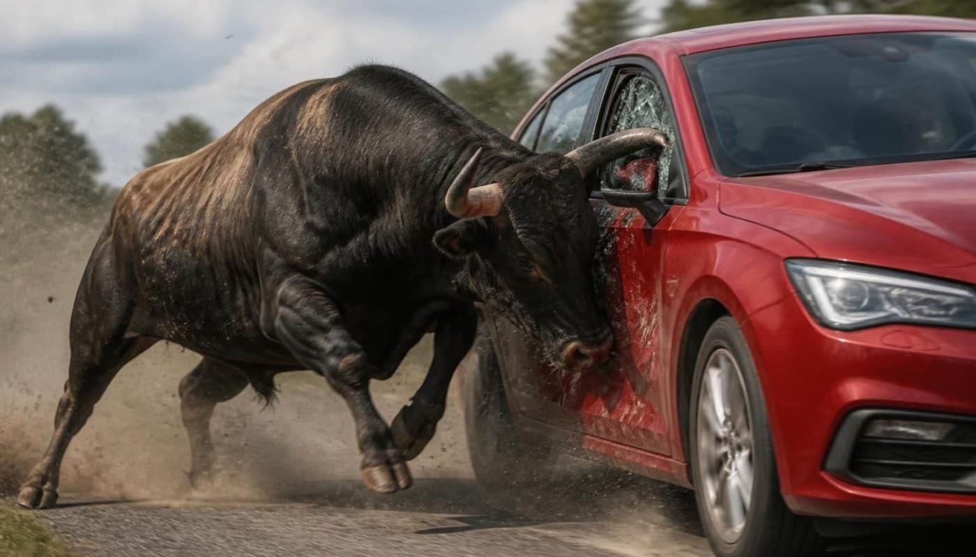 découvrez une scène incroyable où un taureau furieux charge une voiture et s'accroche à sa vitre, dans une course folle pleine de suspense.