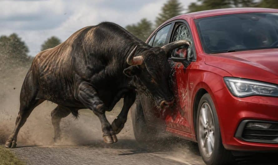 Une course folle : un taureau charge une voiture et s&rsquo;accroche à sa vitre