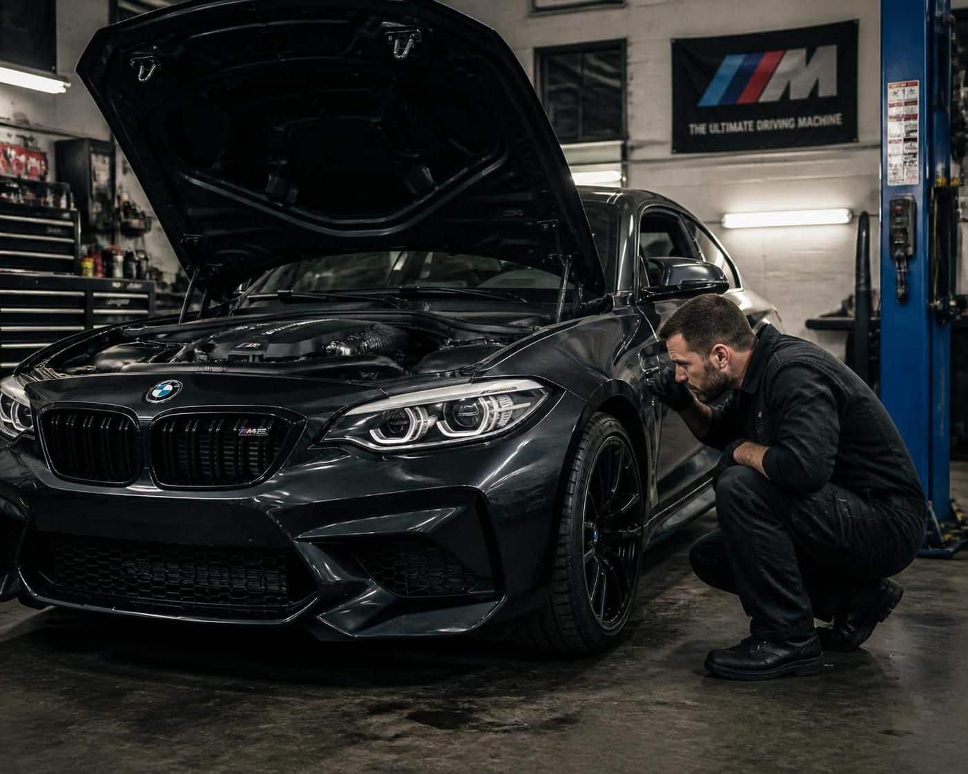 un garagiste d&eacute;couvre une surprise macabre dans une bmw en raison d'une odeur suspecte : une souris en d&eacute;composition cach&eacute;e dans le v&eacute;hicule.