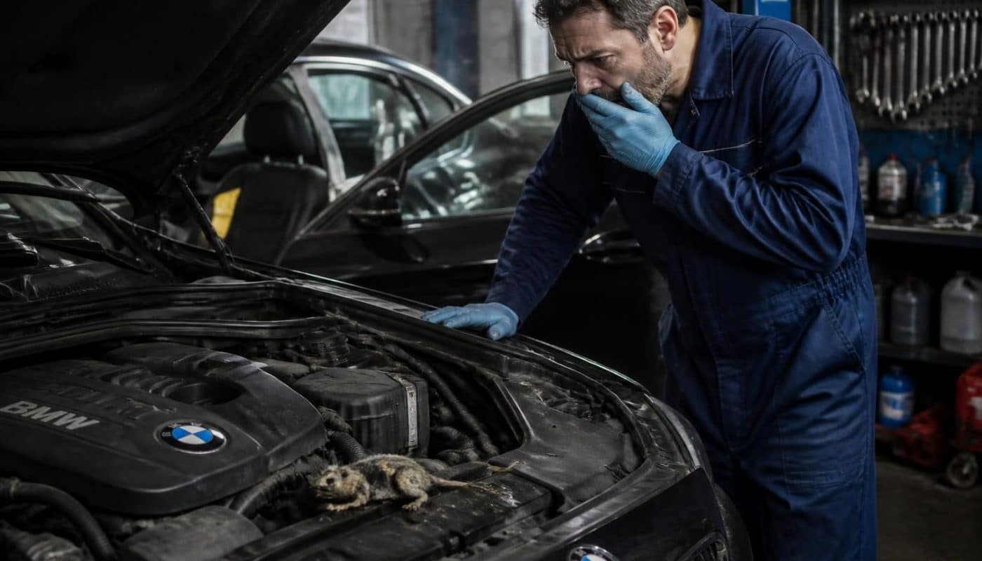 découvrez l'histoire étonnante d'une bmw dégageant une odeur suspecte, où le garagiste fait une découverte macabre : une souris en état de décomposition.