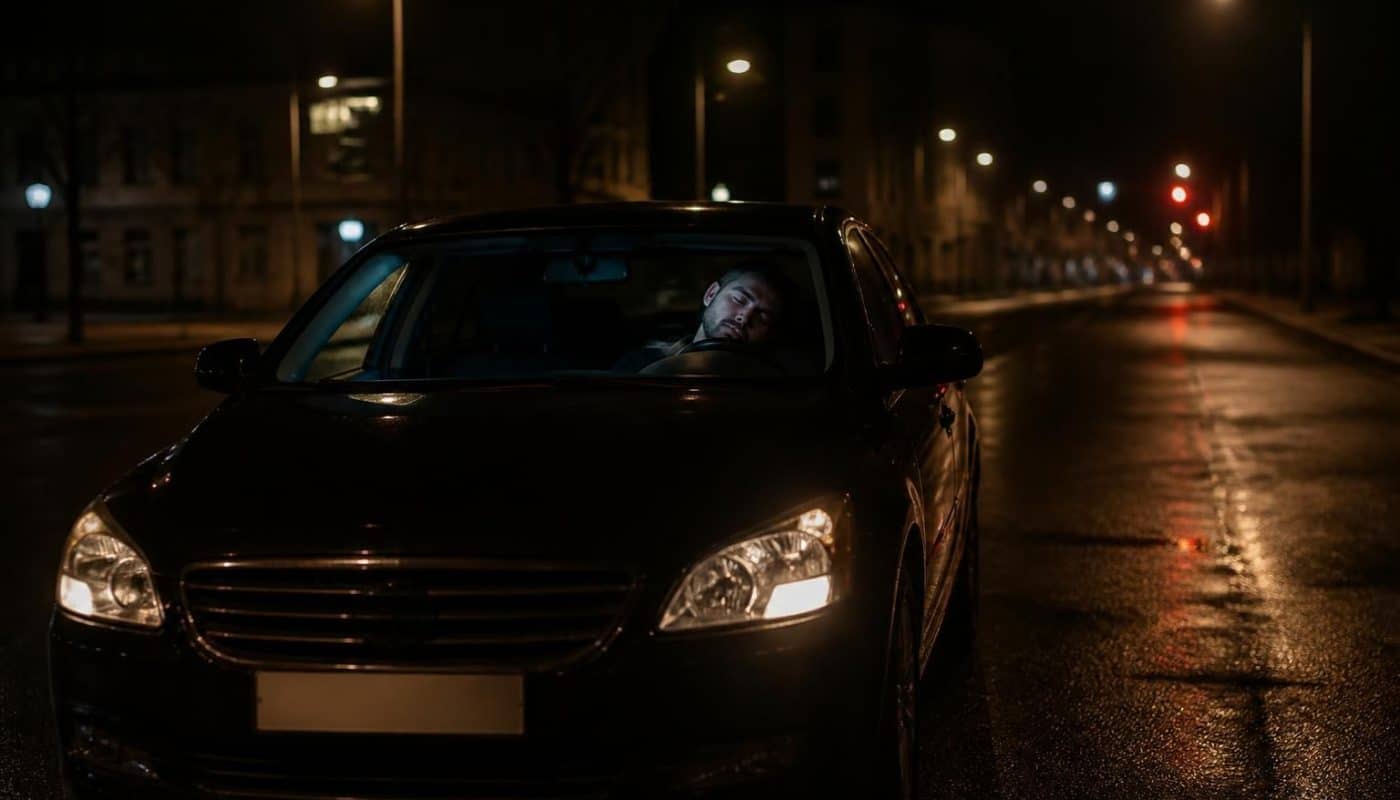 sous l'emprise de l'alcool, un conducteur s'endort au volant, immobilisant sa voiture en plein milieu de la chaussée, mettant en danger la sécurité routière.