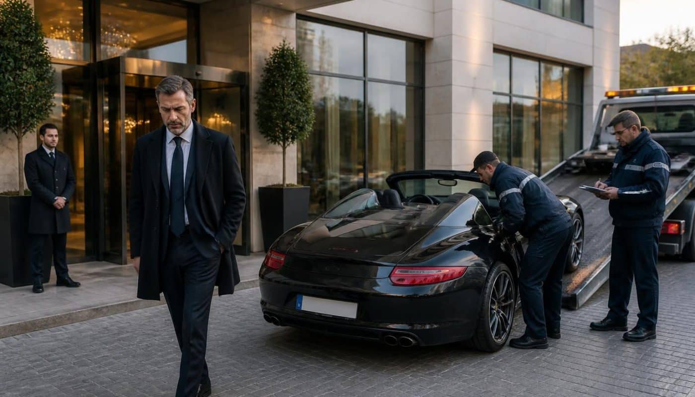 un client quittant un hôtel avec une dette dépassant 500 000 euros voit sa voiture de luxe saisie par les autorités, illustrant les conséquences financières graves de son impayé.
