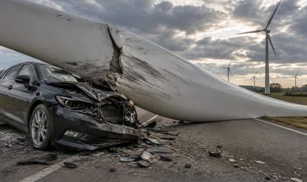 une voiture percute une pale d’éolienne dans une collision spectaculaire, un accident aussi rare qu’impressionnant.