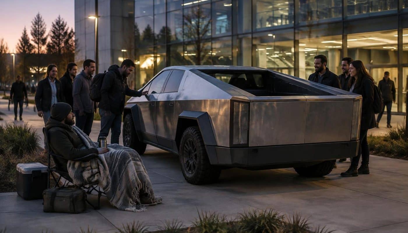 un créateur fabrique un faux cybertruck avec une benne et passe la nuit devant tesla pour découvrir ce que les employés en pensent.
