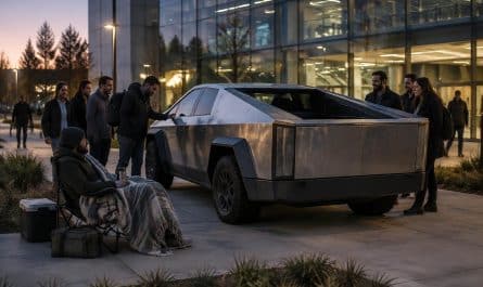 un créateur fabrique un faux cybertruck avec une benne et passe la nuit devant tesla pour découvrir ce que les employés en pensent.