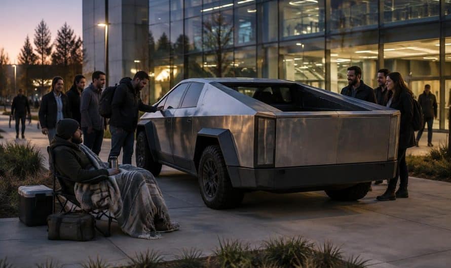 un créateur fabrique un faux cybertruck avec une benne et passe la nuit devant tesla pour découvrir ce que les employés en pensent.