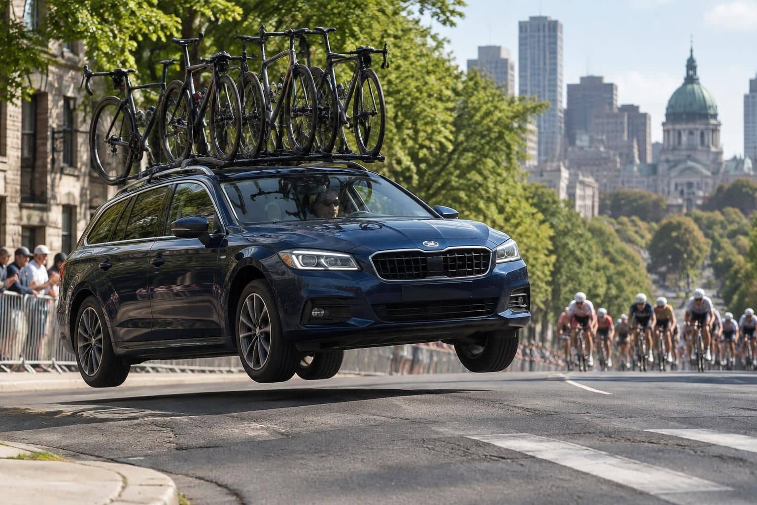 lors des mondiaux de cyclisme, la voiture du sélectionneur espagnol décolle en pleine course, entraînant son exclusion.